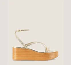 Stuart Weitzman Flat & Low Heel Sandals|Wedges & Espadrilles-CHANGE LOCATION Metallic woven leather & wood/Light Gold & sand