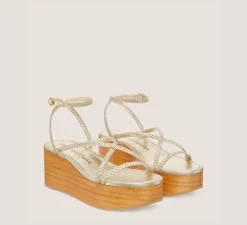 Stuart Weitzman Flat & Low Heel Sandals|Wedges & Espadrilles-CHANGE LOCATION Metallic woven leather & wood/Light Gold & sand