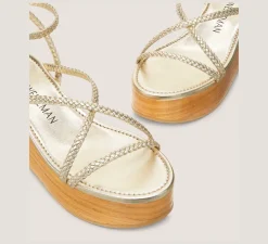 Stuart Weitzman Flat & Low Heel Sandals|Wedges & Espadrilles-CHANGE LOCATION Metallic woven leather & wood/Light Gold & sand