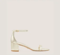 Stuart Weitzman Mid Heel Sandals|Trending: Block Heels-CHANGE LOCATION Metallic snake embossed leather/Platino Gold