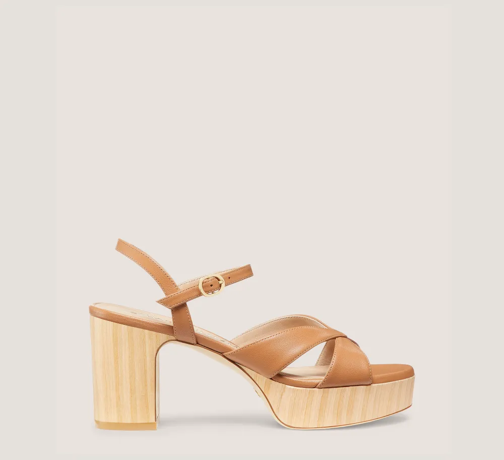 Stuart Weitzman Mid Heel Sandals|Trending: Block Heels-CHANGE LOCATION Lacquered nappa leather & wood/Tan & Sand