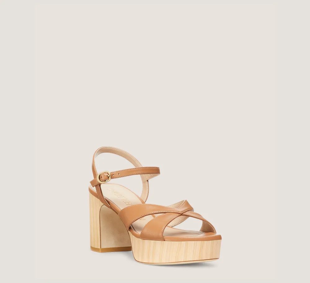 Stuart Weitzman Mid Heel Sandals|Trending: Block Heels-CHANGE LOCATION Lacquered nappa leather & wood/Tan & Sand