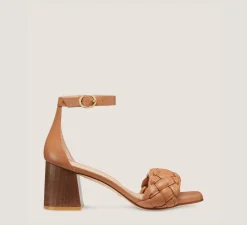 Stuart Weitzman Mid Heel Sandals|Trending: Block Heels-CHANGE LOCATION Lacquered nappa leather & wood/Tan & walnut