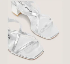 Stuart Weitzman Mid Heel Sandals|Trending: Block Heels-CHANGE LOCATION Liquid Metallic Leather/Silver