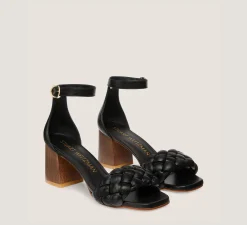 Stuart Weitzman Mid Heel Sandals|Trending: Block Heels-CHANGE LOCATION Lacquered nappa leather & wood/Black & walnut